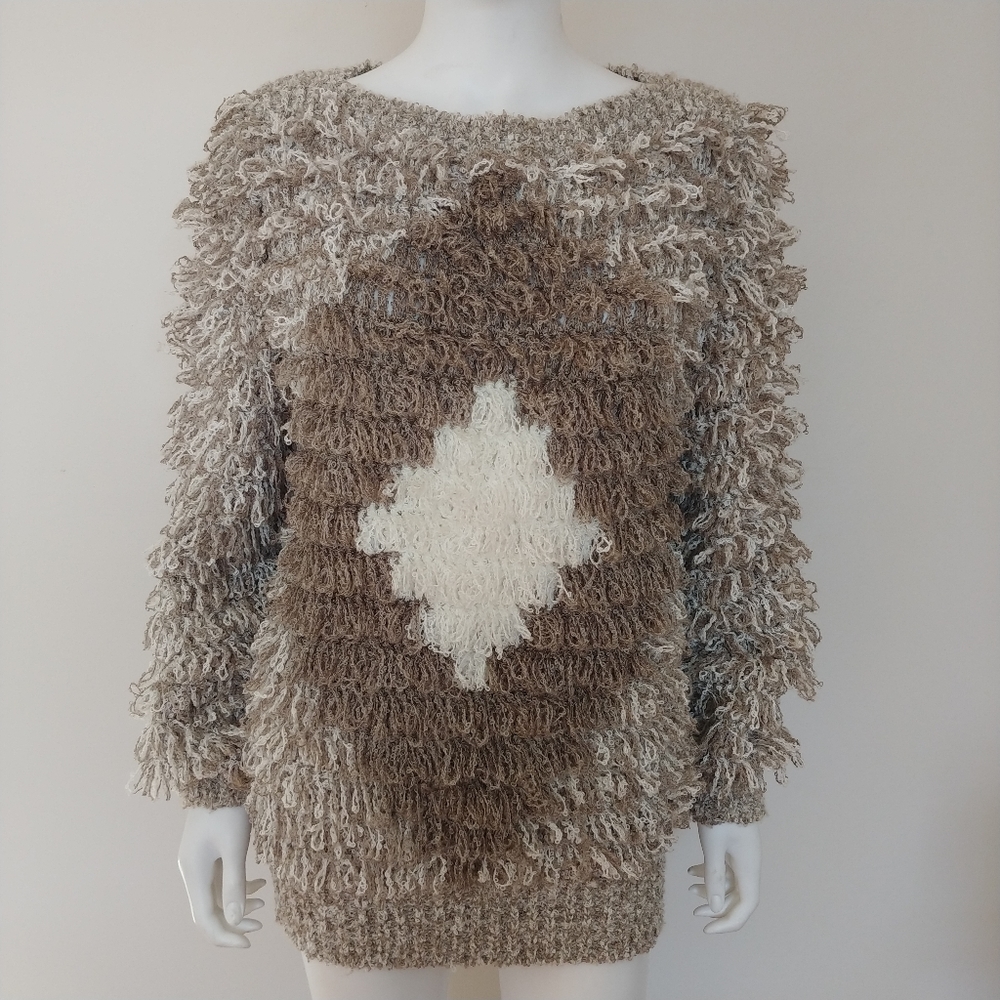 ADOLFO VINTAGE OVERSIZE 90s RETRO SHAGGY FRINGE BOHO SWEATER HIPPY JUMPER L